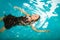 Woman dreaming relaxing in swimming pool water.