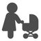 Woman in dress with baby carriage solid icon, maternity concept, mother with stroller vector sign on white background