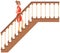 Woman in dress climbs stairs holding on to railing. Ladder, wooden staircase with handrail fence