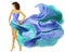Woman Dress Flying Fabric, Fashion Girl in Blue Waving Summer Sk