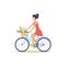 Woman in dress rides bicycle with basket of flowers