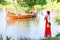 Woman in dress suit stylized Ukrainian folk