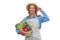 Woman dressed apron white background Caucasian middle age  female business owner in uniform