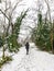 A woman dressed in dark walks in a snowy