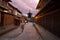 A woman dressed like a Maiko apprentice geisha taking a photo of Yasaka Pagoda of Hokan-ji temple in Gion, Kyoto, Japan