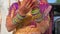 Woman dressed in traditional Indian clothes, and piaint of hand mehndi. hindu wedding. Move camera