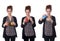 Woman drinking different soda drinks