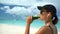Woman Drinking Green Vegetable Smoothie On Beach - Healthy Diet Detox Juice