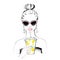 Woman drinking a lemon milkshake illustration, wearing pink vintage cat eye sunglasses. Artwork / drawing, summer