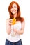 Woman drinking orange juice smiling