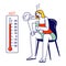 Woman Drinking Water from Bottle Sitting at Chair Look on Thermometer Suffer of High Temperature at Summer Time at Home