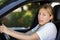 Woman driver scared shocked before crash or accident