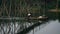 Woman drives a boat with fishing gear under a bamboo bridge