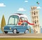 A woman drives a little blue car next to the leaning tower in Pisa