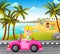 The woman drives the pink car on the street with the beautiful beach background