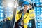 Woman driving a forklift in logistics delivery center