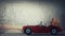 Woman driving her retro red car, carrying and loading cardboard boxes with her stuff. Packing and moving to a new house, travel to