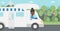 Woman driving motor home vector illustration.