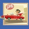 Woman driving a red cabriolet with bon voyage title cartoon