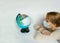 Woman and Earth globe in protective masks isolated on the white background