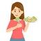 Woman eat salad. Fresh healthy vegetable dinner. Girl holding