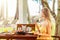 Woman eating breakfast, drinking coffee in cafe in tropical resort