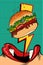 Woman eating Burger. Pop art style. Female mouth