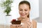 Woman Eating Cake. Beautiful Female Eating Dessert