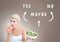 Woman eating deciding healthy food over unhealthy food with Yes No Maybe text with arrows graphic on