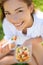 Woman eating gluten free pasta salad