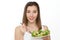 Woman eating healthy food, Caesar salad