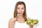 Woman eating healthy food, Caesar salad
