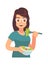 Woman eating healthy tasty meal. Girl eats salat, hungry female character with bowl, diet food lunch or dinner time