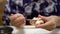 Woman eating Japanese Taraba Alaskan king crab seafood using crab fork at Japan ryokan