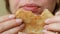 Woman eating pancakes for breakfast. Food and diet.