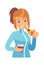 Woman eating pizza. Hungry female character with tasty fast food and soda drink, italian lunch time with unhealthy snack