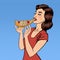 Woman Eating Pizza. Young Woman Holding Big Piece of Pizza