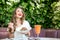 Woman eating salad at the vegetarian restaurant