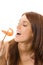 Woman eating shrimp, isolated