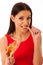 Woman eating tasty piece of pizza. Unhealthy fast food meal.