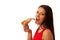 Woman eating tasty piece of pizza. Unhealthy fast food meal.