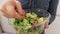 Woman eating vegetable salads close up