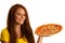 Woman eats delicious pizza isolated over white background