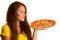 Woman eats delicious pizza isolated over white background