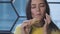 Woman eats waffle dessert at lunch enjoying and closing eyes