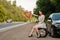 Woman with emergency stop sign vote on the road