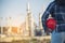 Woman Emergency workers hands holding hardhat red work helmet Engineer. Refinery plant woman worker oil petrochemical industry