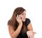 Woman emotionally speaks on the phone, isolated.