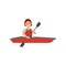 Woman engaged in kayaking. Cheerful young girl sitting in red kayak and holding paddle. Active water sport. Flat vector