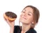 Woman enjoy donut. Unhealthy junk food concept